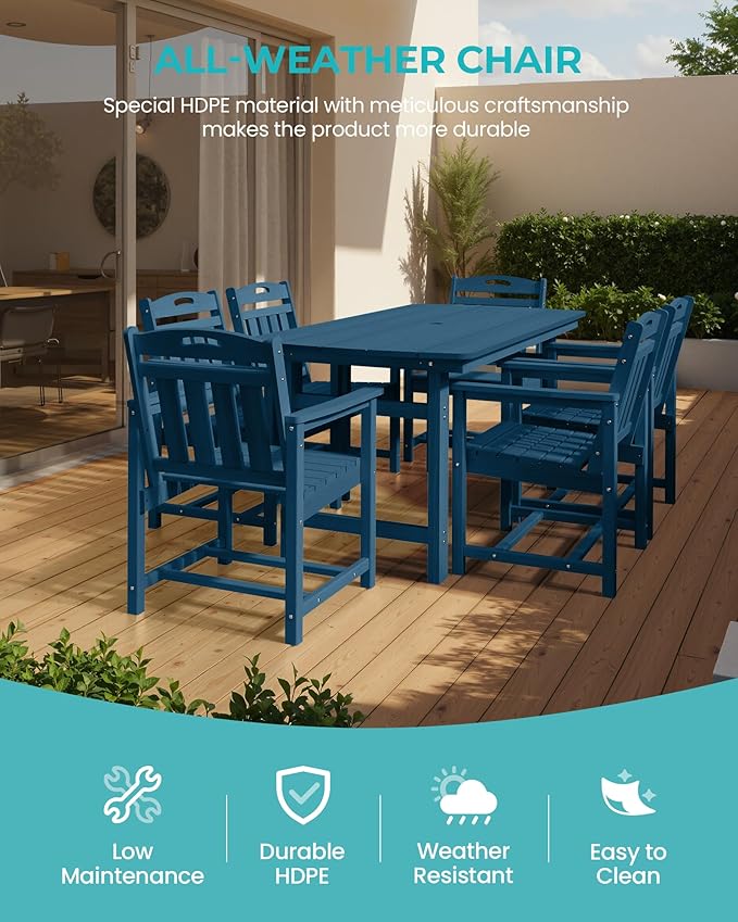 HDPE Outdoor Patio Dining Set with Table & 6 Chairs, All-Weather 7-Piece Outdoor Table and Chairs, 2" Umbrella Hole, Patio Furniture for Garden, Backyard, Deck | Navy Blue