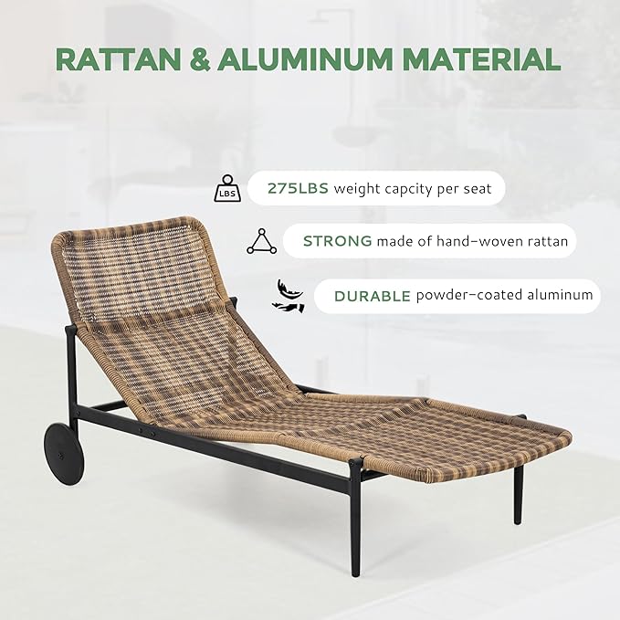 Chaise Lounge Chair Outdoor - PE Rattan Wicker Patio Pool Lounge Chair with Cushion and Wheels, Aluminum Waterproof Chaise Lounger for Poolside Backyard Deck Porch