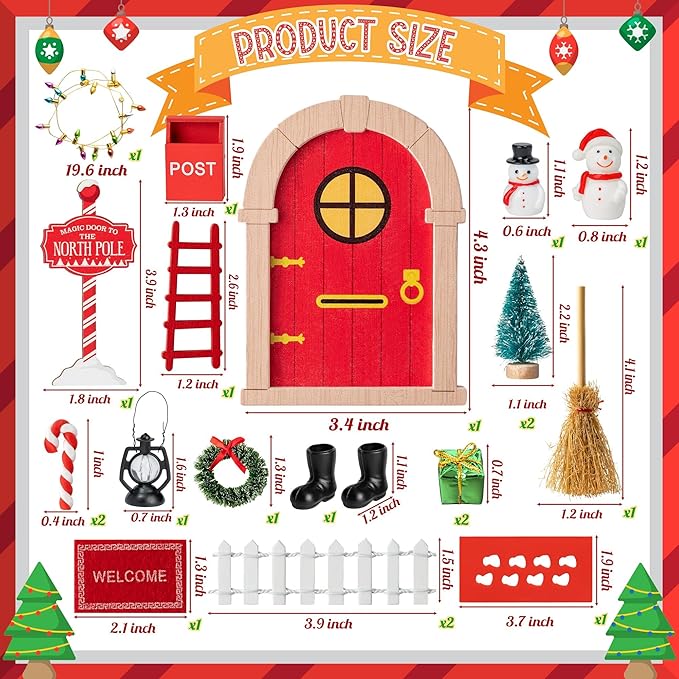 Haooryx Christmas Miniature Fairy Door - 22Pcs Christmas Winter Magic Wooden Miniature Fairy Doors Accessories Elf Magic Door Wall Fairies Magical Door Decoration Xmas Party Outdoor Decor (Wood Edge)