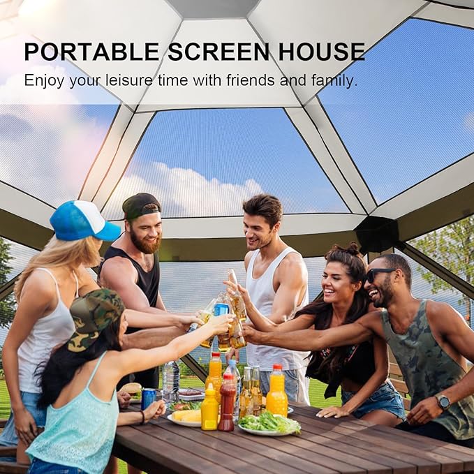COBlZl Pop Up Gazebo 12x12 Screen House Tent for Camping, Outdoor Instant Stargazing Gazebo Canopy with Awning 2.0, Portable Hub Tent with Mosquito Netting, Pavilion for Backyard,Brown
