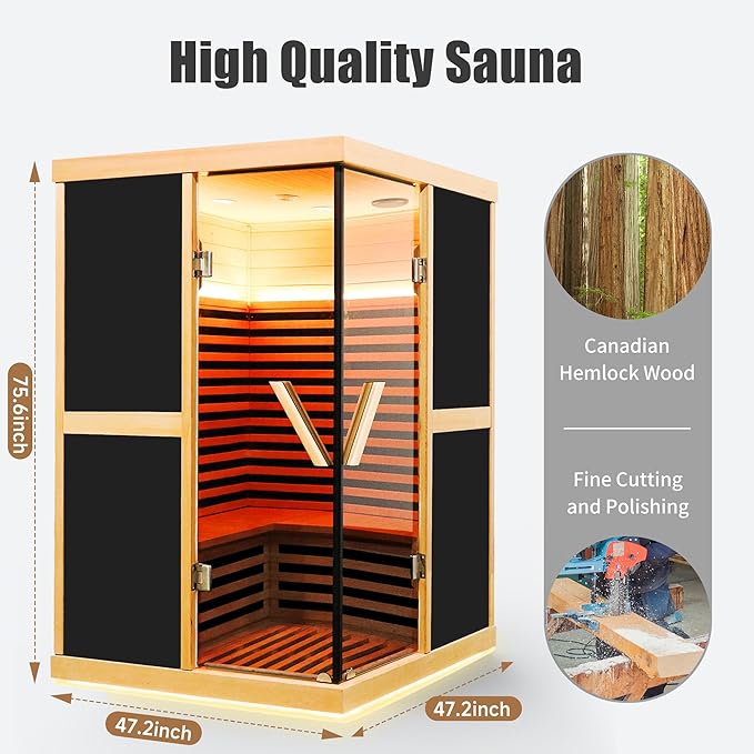 Infrared Sauna 2 Person Saunas Wooden Home Spa Room Canadian Hemlock Wood APP Control 1980W Low-EMF Indoor Saunas, 47.24 * 47.24 * 75.59Inch
