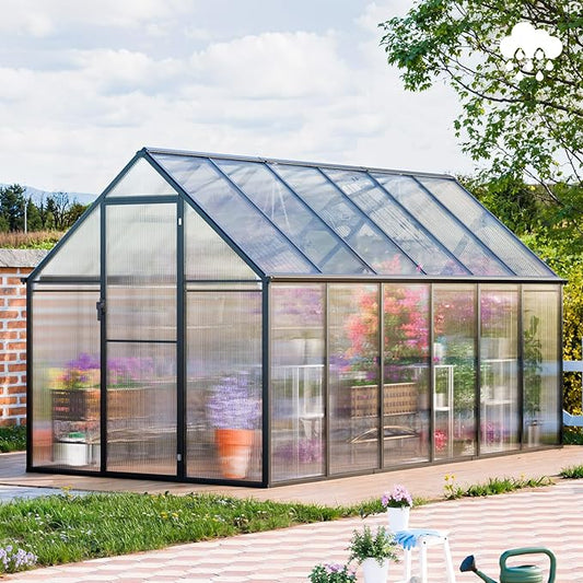CDCASA 12x6x6 FT Greenhouse for Outdoors, Large Polycarbonate Greenhouse Aluminum Greenhouses w/Vent Window, Swing Door & Easy Assembly Walk-in Green House for Patio, Backyard, Garden, Black