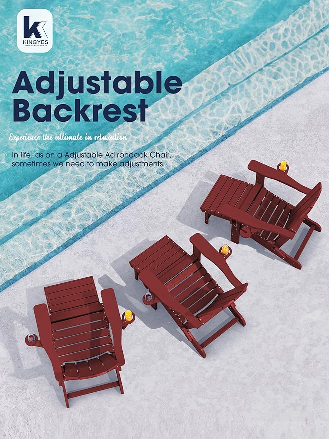KINGYES Folding Adjustable Adirondack Chair with Ottoman & 2 Cup Holders Set of 2, HDEP Reclining Adirondack Chair with Footrest, Red