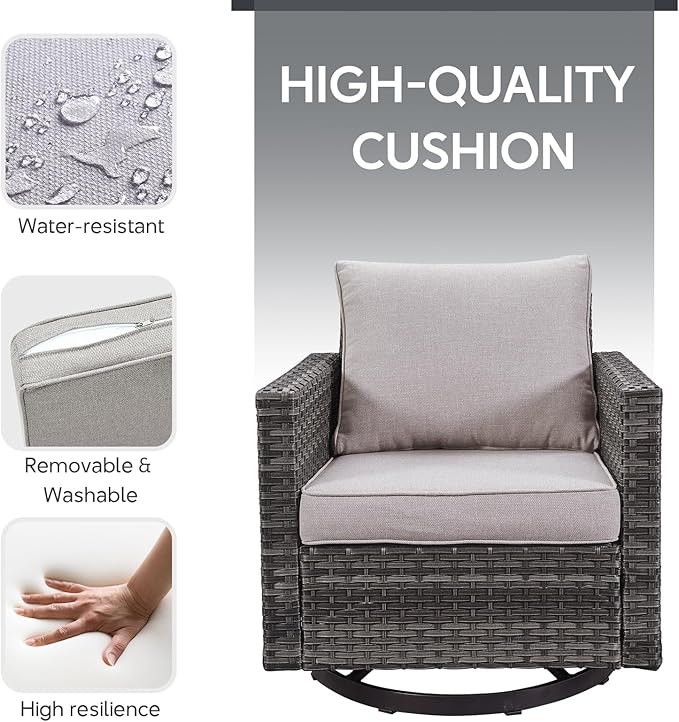 6 Piece Wicker Patio Furniture Set - Outdoor Swivel Rocker Chairs Set with Coffee Table, 3 Seat Sofa & Ottomans, Small Patio Conversation Sets Proch Furniture for Balcony Deck - Grey/Beige