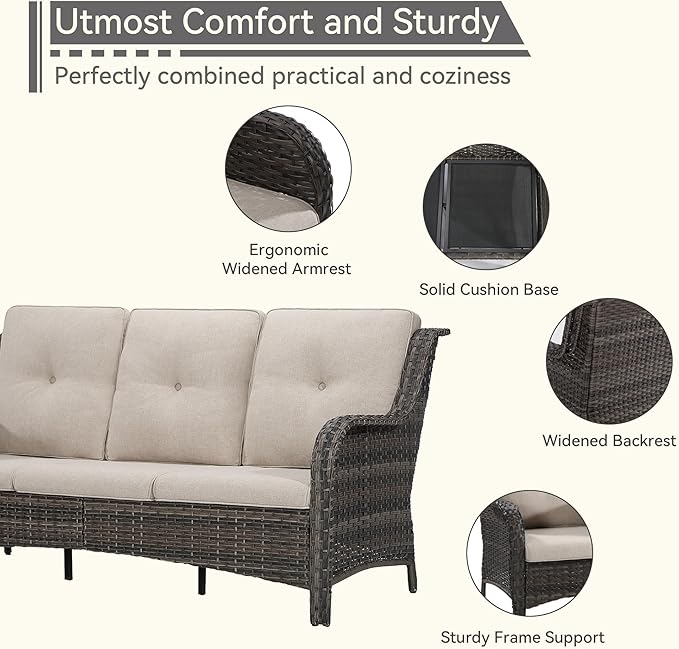 Wicker Patio Furniture Set 8-PCS with A 3-Seat Sofa, 2 Swivel Rocking Chairs, 2 Armchairs, 2 Ottomans and 1 Side Table Patio Conversation Set, Beige
