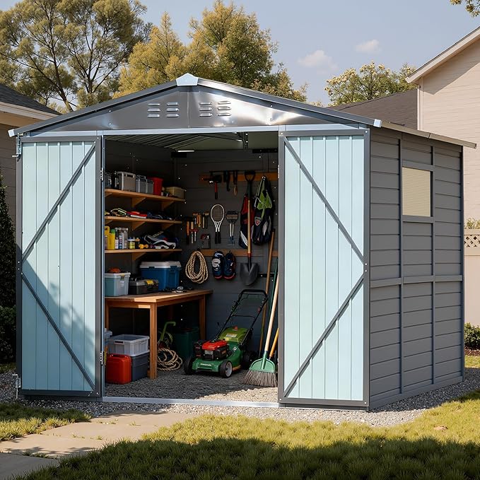 Galvanized Steel Frame & Solid Cedar Wood Wall Shed | 8x8ft Outdoor Storage Shed with Waterproof Roof & Wind Resistance, Lockable Double Doors for Garden, Lawn, Patio Organization