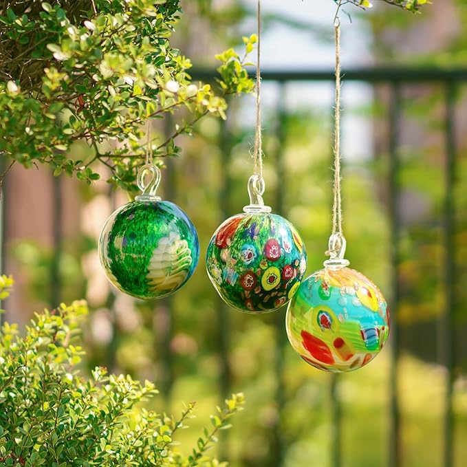 QFkris 4" Hanging Gazing Balls for Gardens Decorative Outdoor Hand-Blown Glass Ornament Friendship Balls Witch Ball for Women
