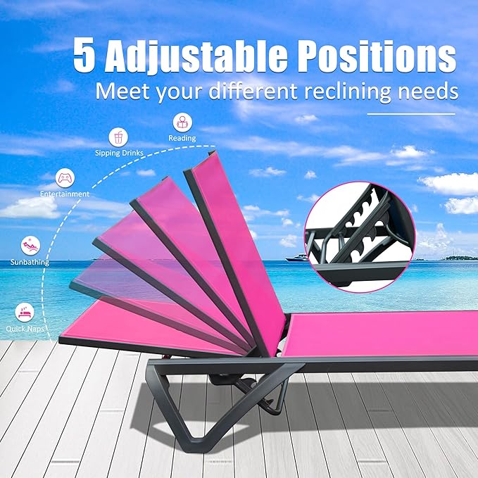 Domi Pool Lounge Chairs, Aluminum Patio Chaise Lounge with Side Table, Wheels, 5 Position Adjustable, All Weather Outdoor Lounge Chairs for Beach, Yard, Balcony, Poolside, Pink