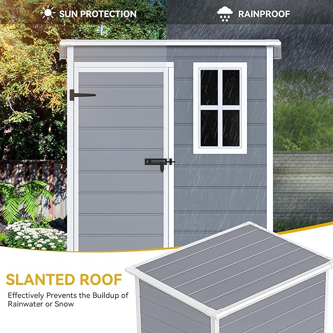 DWVO 5x3ft Resin Outdoor Storage Shed with Floor, Waterproof Lockable Storage Shed with Window, Plastic Outside Tool Storage for Garden, Backyard, Patio, Lawn, Gray