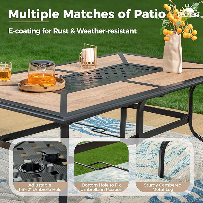 7 Pcs Patio Dining Set for 6, Metal Rectangular Dining Table (PVC Table Top) with Umbrella Hole and 6 Chairs, Outdoor Dining Set for Lawn Garden Deck, Brown