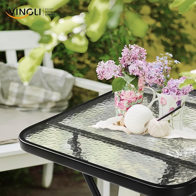 VINGLI Folding Glass Outdoor Side Table, 23.6 Inches Small Foldable Patio Bistro Table with Tempered Glass Table Top for Lawn & Garden, Balcony, Porch and Pool, Rectangular