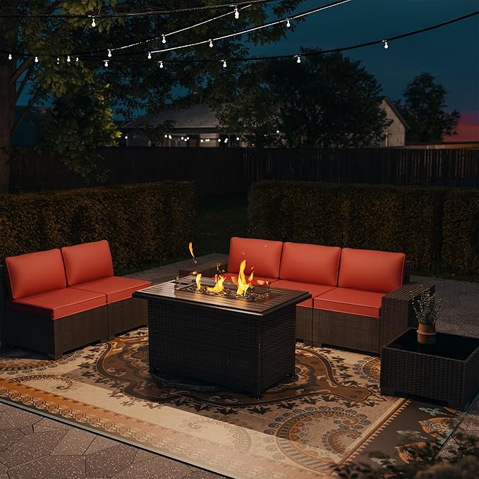 Outdoor Patio Furniture Set with Propane Fire Pit Table, 7 Pieces Outdoor Furniture Patio Sectional Sofa Conversation Sets w/ETL Approved 43" Gas Outdoor Fire Table & Coffee Table RED.