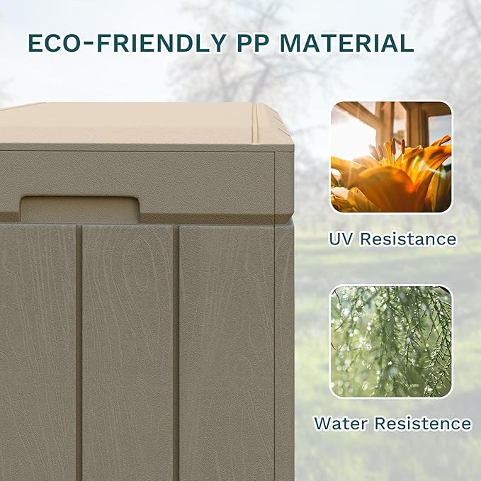Patiolife 85 Gallon Resin Deck Box, Wood Like Outdoor Storage Box for Garden Tools, Pool Supplies, Waterproof and Lockable, Light Brown