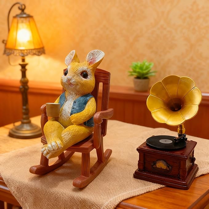 Resin Rocking Chair Bunny Statue - Hand Painted & Fade Resistance & Weatherproof - Long Durability for Indoor and Outdoor - Bunny Figurine with Bright Color & Realistic Details