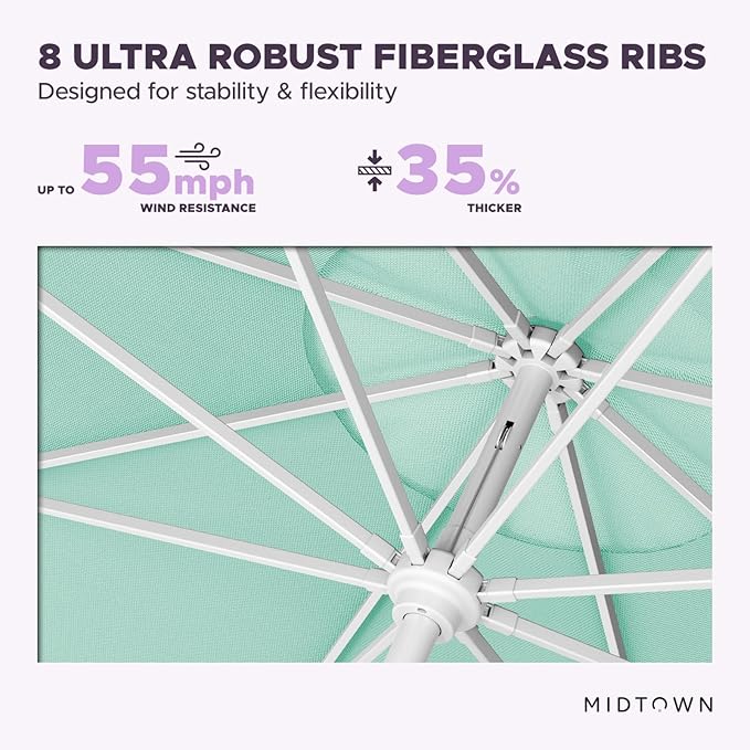 Midtown Umbrellas The Swilt 8 Feet Patio Umbrella in Sunbrella Canvas Glacier Acrylic Fabric - Fiberglass Ribs, Auto-Tilt Aluminum Frame For Backyard, Deck, Garden, Pool - White Pole