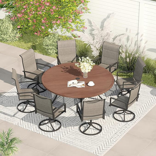 VICLLAX 7 Pieces Patio Dining Set for 6-53" Round Outdoor Table and Swivel Chairs for Lawn Garden, Walnut Tabletop and Mixed Brown Fabric