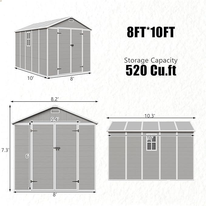 Outdoor Shed 5x3/6x4/7x7/8x6/8x10/8x12 FT, 15MM Thick PP Resin Plastic Shed with Lockable Door & Floor - Waterproof Plastic Tool Shed for Bike, Garbage Can, Backyard, Patio ﻿ ﻿ (Grey, 8x10FT)