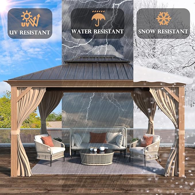 MELLCOM 10'x12' Hardtop Gazebo, Wooden Finish Coated Aluminum Frame Canopy with Galvanized Steel Roof, Outdoor Metal Gazebos with Curtains and Nettings for Patio, Backyard, Deck and Lawns