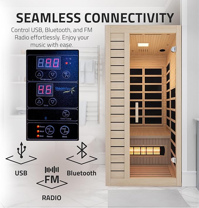 SteamSpa Home Sauna Room 1 Person Hemlock Wooden Indoor Sauna Spa - Bluetooth Speaker, FM, Oxygen bar, Heating Plate, Three Colors Lanterns, Touch Control Panel Temperature