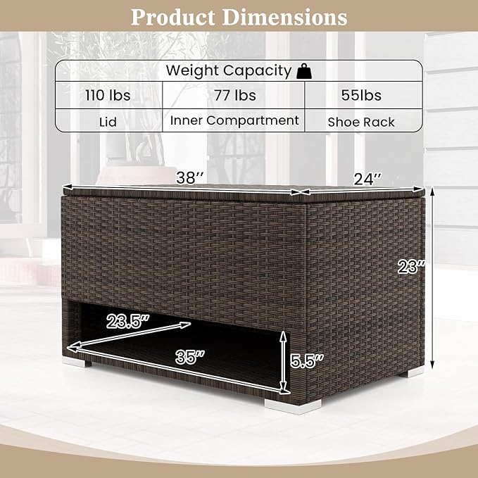 Tangkula 48 Gallon Rattan Outdoor Storage Box with Shoe Rack, Outdoor Storage Bin with Protective Liner, PE Wicker Deck Box for Patio Cushion Furniture, Pool Supplies and Garden Tools (48 Gallon)