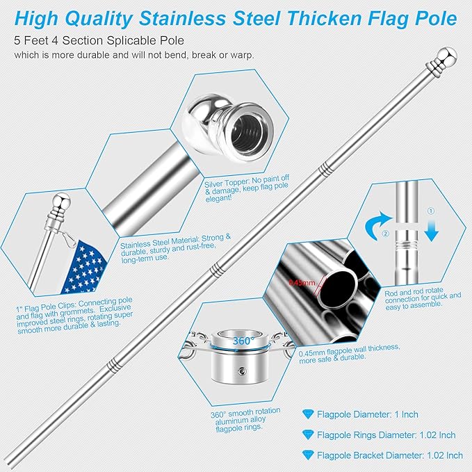 5 FT Flag Pole for Outside House, 1" Stainless Steel Flag Pole Kit with 2-Position Flagpole Holder Bracket & 360° Spinning Metal Flag Ring Clips, Outdoor Porch Wall Mounted for 3x5 Flag (5 FT, Silver)