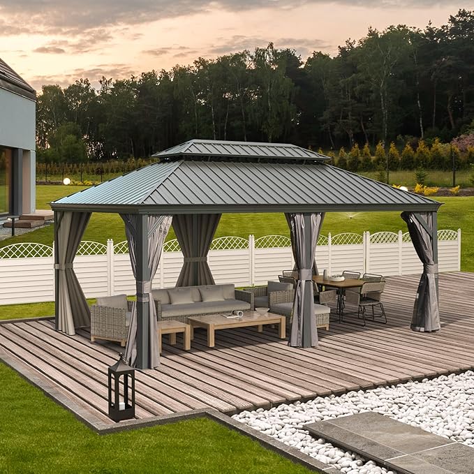 Domi 12'x18' Hardtop Gazebo Canopy Metal,Outdoor Aluminum Gazebo with Galvanized Steel Double Roof,Permanent Gazebo Pavilion for Patio Deck Backyard,Curtain and Netting,Grey