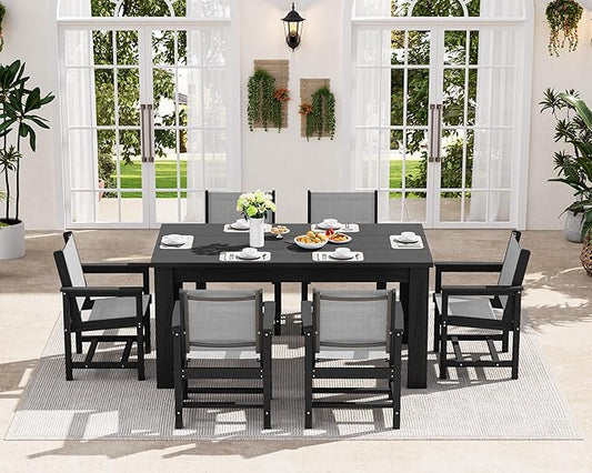 SERWALL 7 Piece Outdoor Dining Table Sets for 6 with 1 Umbrella Hole Cut-Out Rectangular Table and 6 Textilene Chairs, HDPE Dining Table Sets for Garden, Backyard, Poolside, Black