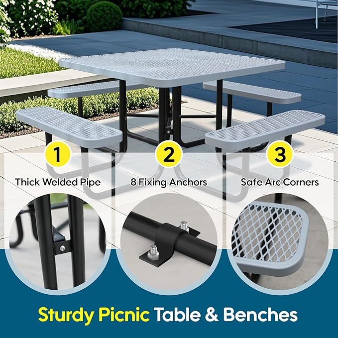 8-Person Picnic Tables for Outdoors, Industrial 46" Expanded Metal Square Picnic Table with 4 Benches & Umbrella Hole, Outside Table and Bench Set for Garden, Backyard, Porch, Patio, Grey