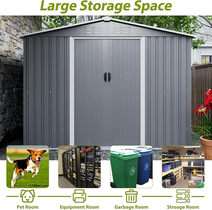 Metal Outdoor Storage Sheds 8 x 6 FT Lockable Metal Garden Shed Steel Anti-Corrosion Storage House with Double Lockable Door for Backyard Outdoor Patio