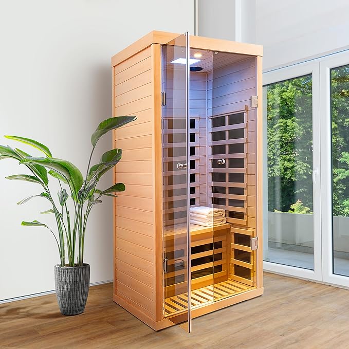 1 Person Infrared Sauna for Home Deluxe Transparent Large Glass Hemlock Wood Low EMF FAR Infrared Sauna, 1420 watts 7 Heating Panels Indoor Personal Saunas with Blue-Tooth, LCD Display