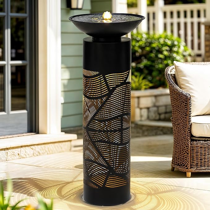 36" Modern Outdoor Fountain with Relaxing Water Flow, Elegant Cutout Metal Water Feature with lighs Casting Intriguing Lights and Shadows, Elevate Any Garden Patio Porch Deck or Home Décor