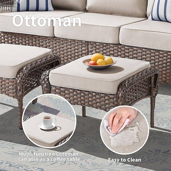 Patio Furniture Set, All Weather 3 Pieces Wicker Outdoor Small Sectional Set, 5" Thick Rattan Conversation Set with 3-seat Sofa and Ottoman for Lawn, Garden, Beige/Brown Wicker
