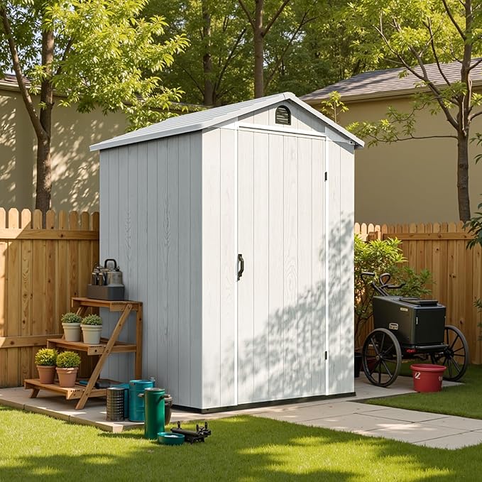 Patiowell 4 x 4 FT Plastic Outdoor Storage Shed with Floor, Garden Tool Shed with Two Windows and Single Lockable Door for Garden, Backyard, Lawn, Easy to Install, Light Grey(Fit-it Shed)