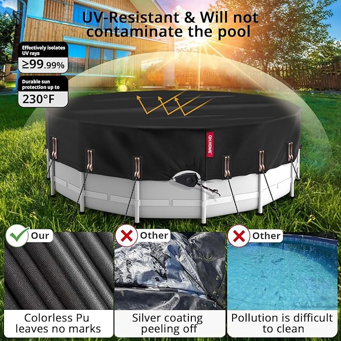 QH.HOME 15 Ft Round Pool Cover with Fast Tightening Patented Ratchet, Solar Pool Covers for Above Ground Pools, One-Piece Tear Resistant Swimming Pool Cover Protector with Upgraded Ultimate Windproof