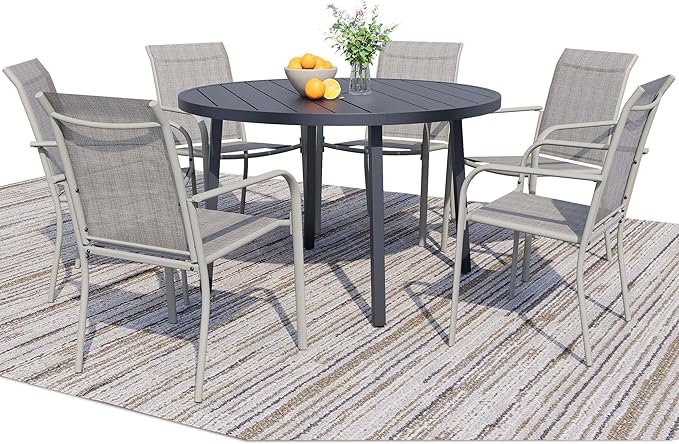 7 Pieces Round Dining Table Set for 6, Patio Dining Set Includes 6 Grey Stackable Patio Chairs and 1 Black Round Table Set of 6, Patio Furniture Sets with Sling Support for Outside, Garden