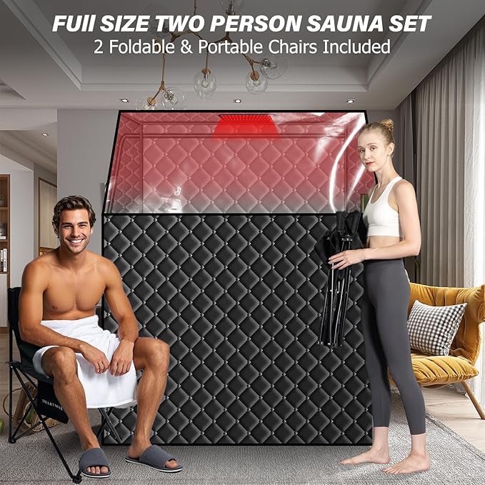 Smartmak Two Person Portable Far Infrared Sauna for Home, Full View X-Large Sauna Box with 660nm Red Light Therapy Lamp, 6 Heaters, Indoor SPA Room for Relaxaion, Remote Control, 2 Big Folding Chairs