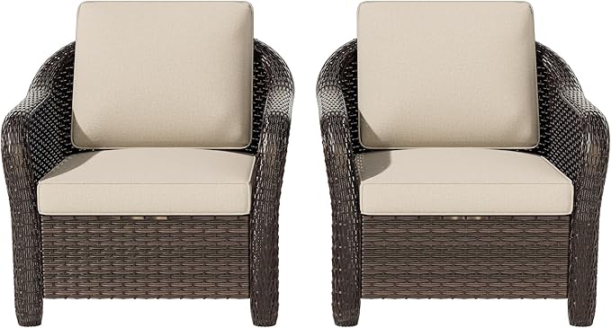 Vista Vibe Outdoor Patio Deep Seat Chairs Set of 2, Washable Cushions, Hand-Woven PE Rattan, All-Weather & Steel Frame, Garden, Bistro, Deck, Yard (Beige)