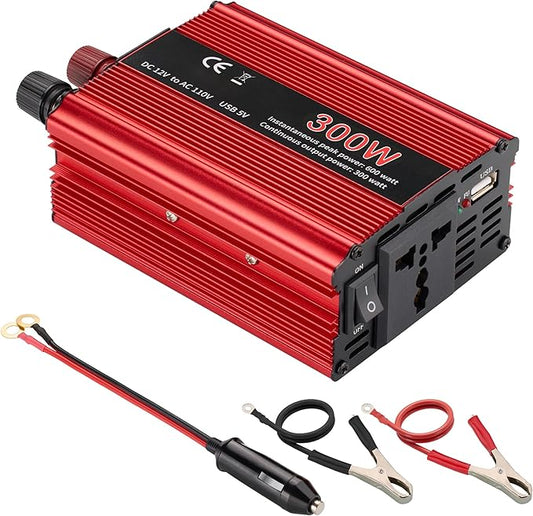 300W Power Inverter DC 12V to 110V AC, Durable Aluminum Housing Car Charger Adapter with 1A USB Charging Port, 1.6ft Car Plug in Cigarette Lighter Outlet for Phone, Laptop