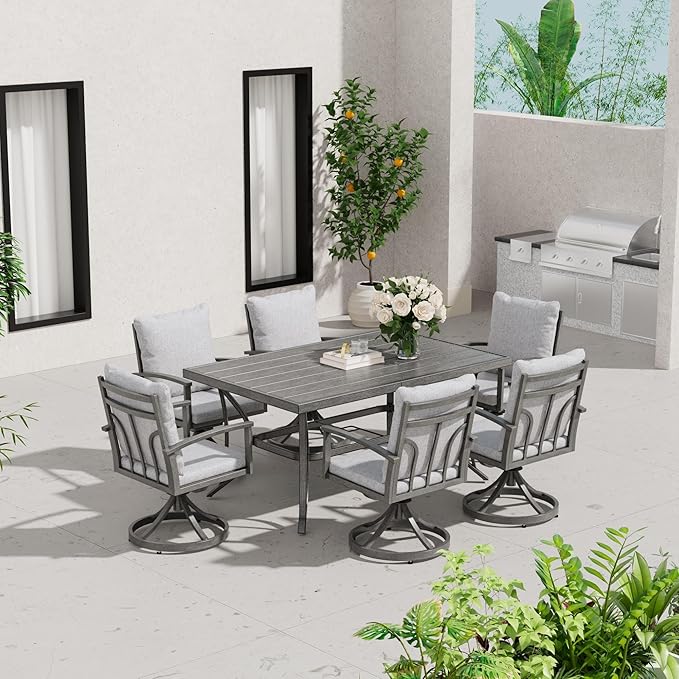 HAPPATIO 7-Piece Outdoor Dining Set - All Aluminum Patio Table and Chairs Set for 6 Includes 1 Rectangular Dining Table and 6 Swivel Dining Chairs with Cushions for Lawn, Garden, Backyard