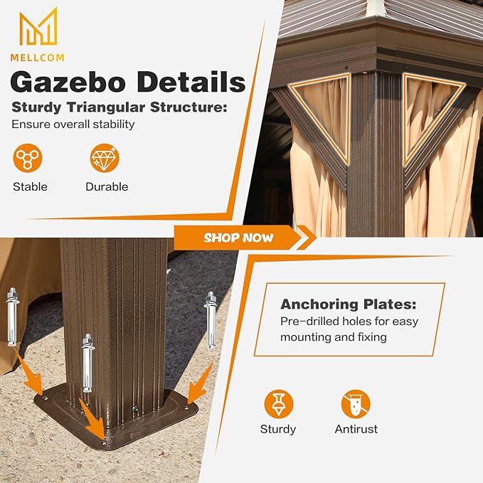 MELLCOM 12'x16' Hardtop Gazebo, Galvanized Steel Metal Double Roof Canopy with Curtains and Netting, Brown Permanent Pavilion Gazebos with Aluminum Frame for Garden, Patio, Lawns, Deck