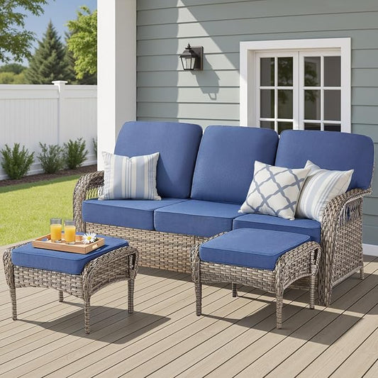 Patio Furniture Set, All Weather 3 Pieces Wicker Outdoor Small Sectional Set, 5" Thick Rattan Conversation Set with 3-seat Sofa and Ottoman for Lawn, Garden, Blue/Gray Wicker