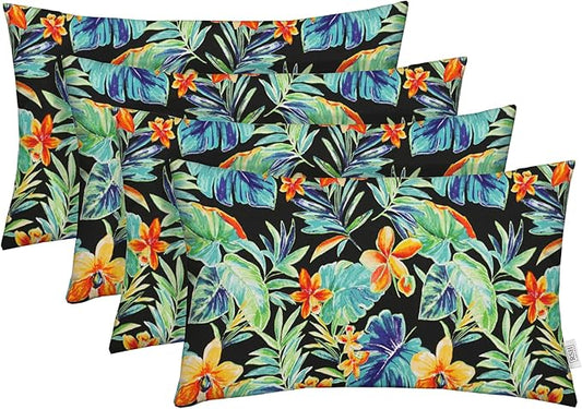 RSH DECOR: Lumbar Throw Pillows Set of 4 | 20” x 12" | All-Weather Spun Fabric | Water and Fade-Resistant | Outdoor Support Pillows for Patio Furniture | Beachcrest Caviar