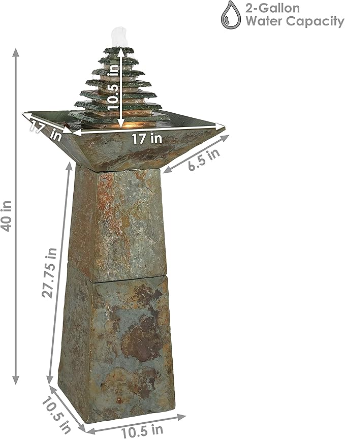 Sunnydaze 40-Inch Slate Outdoor Water Fountain - Layered Pyramid Outdoor Water Feature with LED Lights for Patio, Deck, Garden