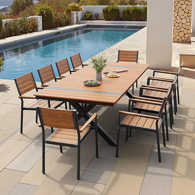 Pellebant 11 Piece Patio Table and Chairs Set for 10, Aluminum Outdoor Dining Set with Umbrella Hole, Stackable Dining Chairs & 94" Dining Table, Brown