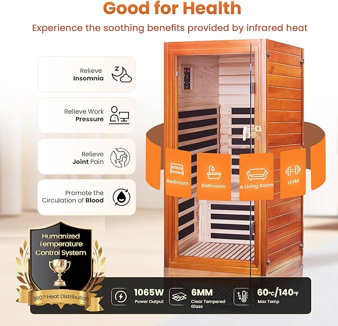 Far Infrared Sauna for Home 1 Person Indoor Wood Sauna Personal Spa Room 1065W 120V with Red Light Bluetooth Speakers 31.5"x31.5"x63"