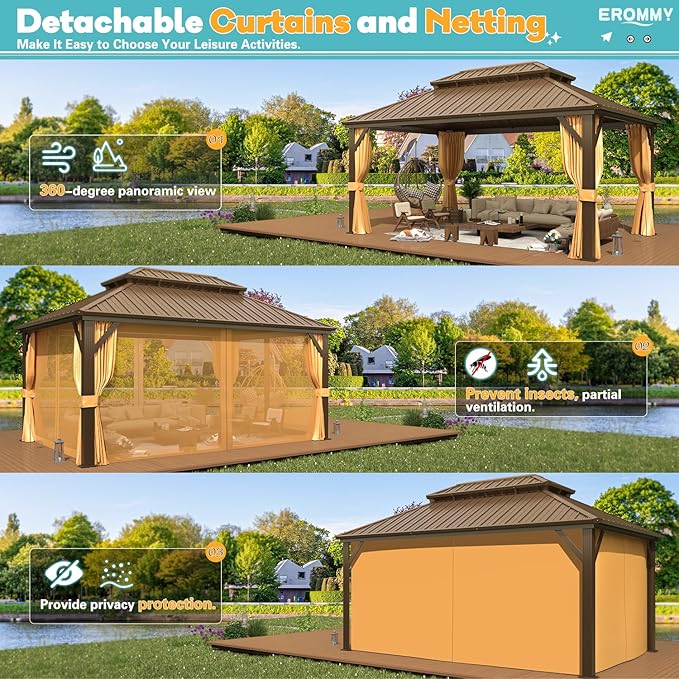 EROMMY 12'x16' Gazebo Hardtop, Galvanized Steel Double Roof Metal Gazebo with Aluminum Frame, Permanent Outdoor Pavilion with Curtain and Netting for Patio, Lawn and Garden, Brown