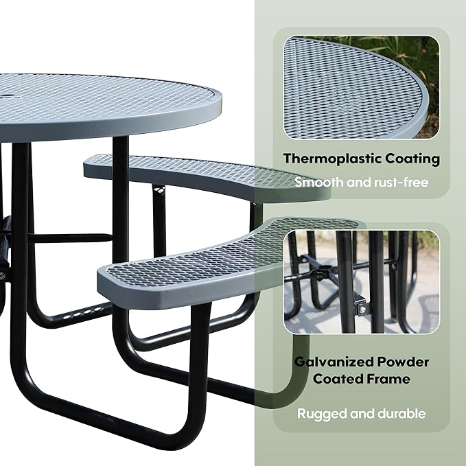 8-Person Picnic Tables for Outdoors, Industrial 46" Expanded Metal Round Picnic Table with 4 Benches & Umbrella Hole, Outside Table and Bench Set for Park, Garden, Backyard, Patio, Grey