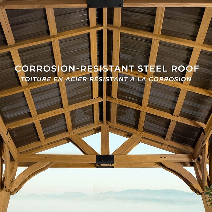 Backyard Discovery Arlington 12' x 10' Cedar Wood Outdoor Gazebo Pavilion with Hardtop Galvanized Steel Peak Roof, Snow Support, Wind Resistance, PowerPort, Shade for Garden, Patio, Deck, Entertaining