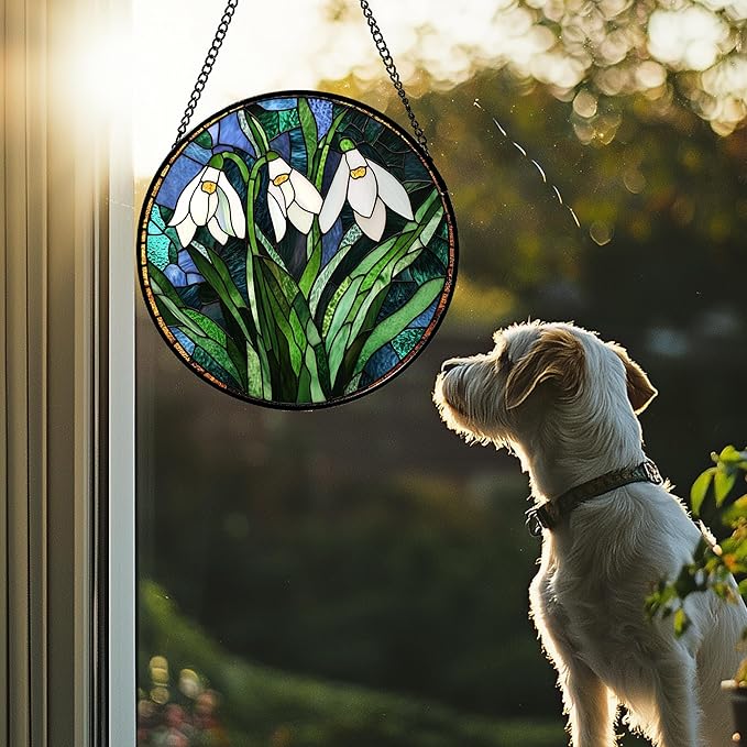 Stained Glass Window Hanging - Green Plants Birth Flowers Suncatcher for Doors Garden Patio Sun Catchers Decor Christmas Mother's Day Birthday Gifts for Women Men Mom Nana Friend 15 in