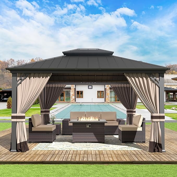 Gotland 12' x 14' Khaki Hardtop Gazebo with Curtains and Netting, Double Roof Iron Metal Pergola for Patio, Garden, Lawn